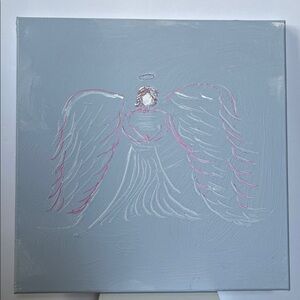 Hand-Painted Angel Wall Art in Light Gray with Pink Accents
